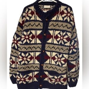 VTG Handknit cardigan sweater chunky wool Ecuador pockets Buttons Colourful L/XL